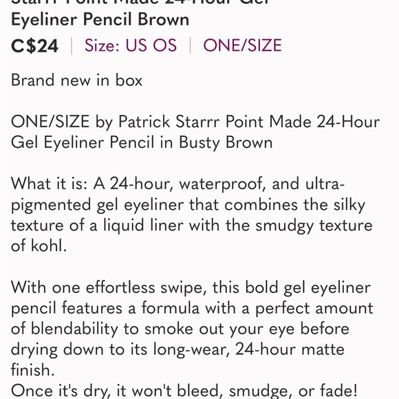🆕 NWT ONE/SIZE by Patrick Starrr Point Made 24-Hour Gel Eyeliner Pencil Brown - Picture 3 of 3